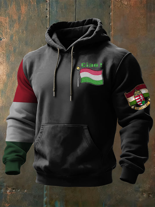 Férfi élénk magyar zászló patch nyomtatás színes blokk kapucnis