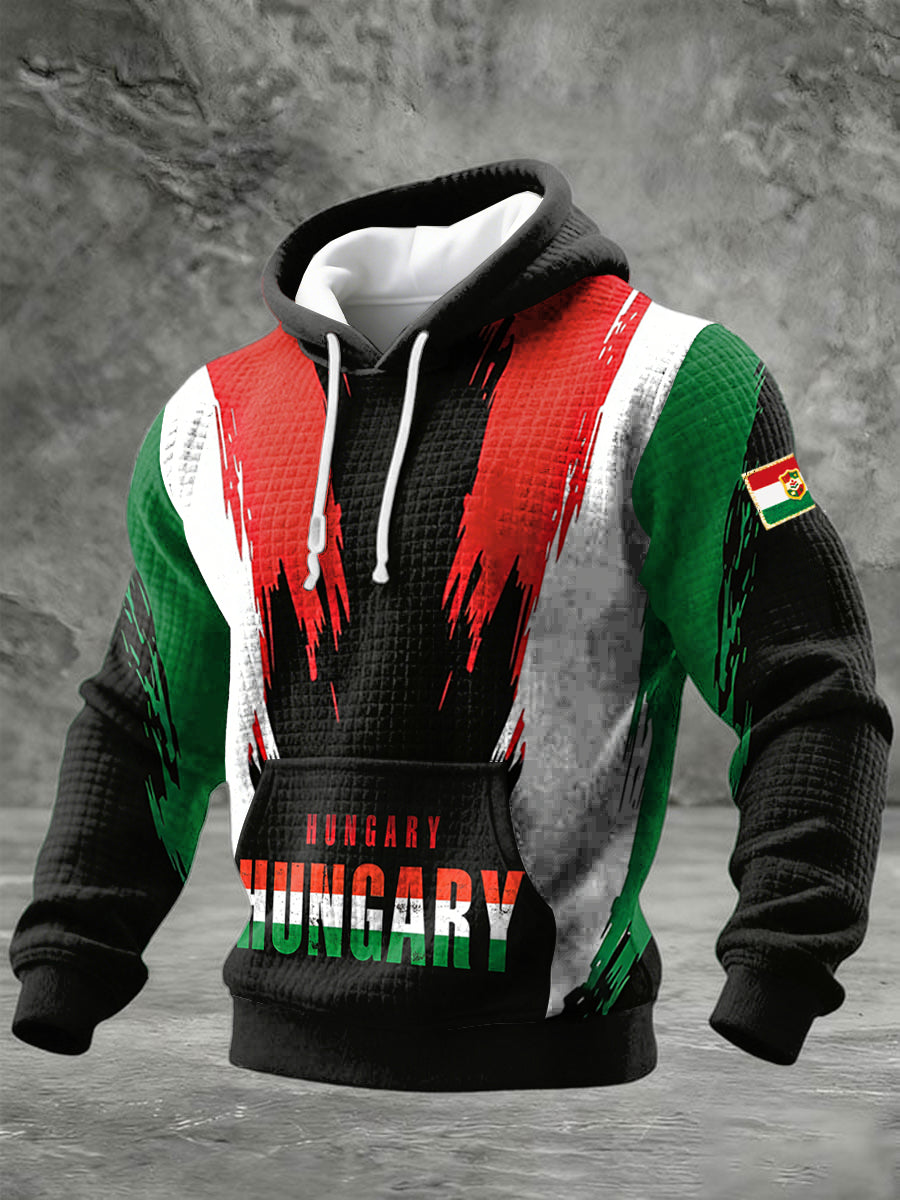 Férfi fekete csuklyás pulóver magyarország zászló nyomtatással