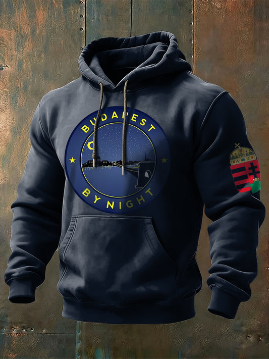 Férfi karcsú "budapest by night" cityscape print navy hoodie
