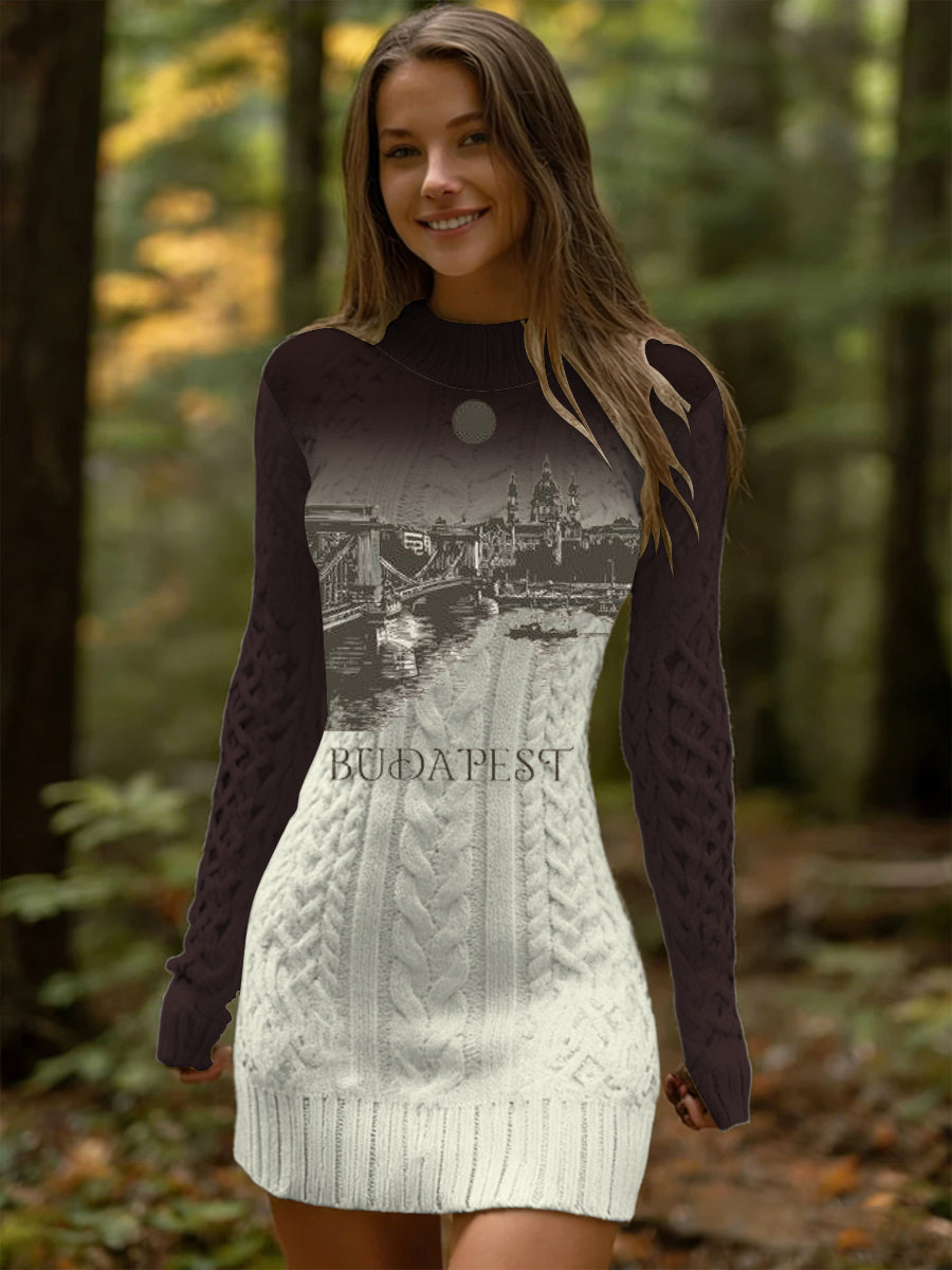 Női retro budapest skyline nyomtatás kétszínű ruha