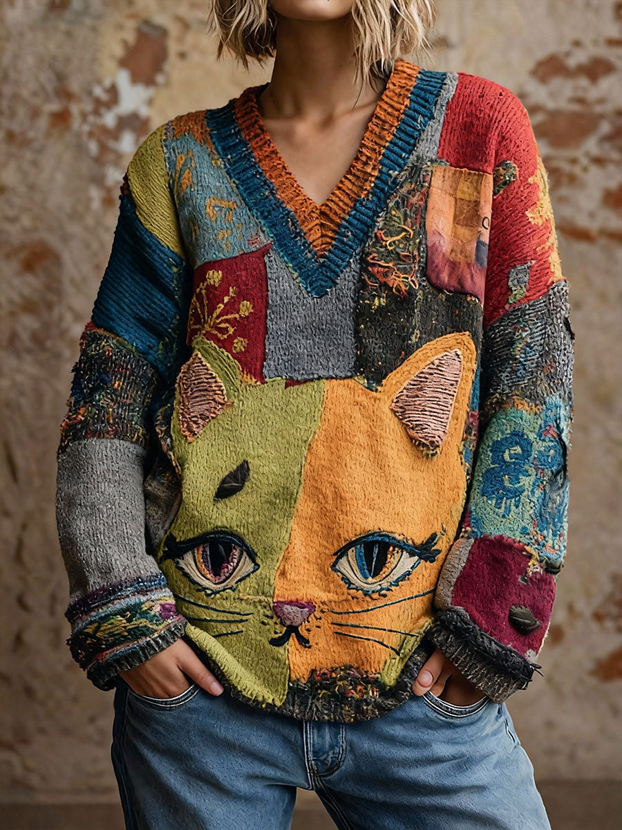 Női macska art v-nyak felsők