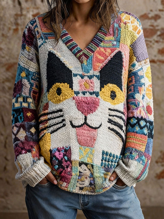 Női macska art v-nyak felsők