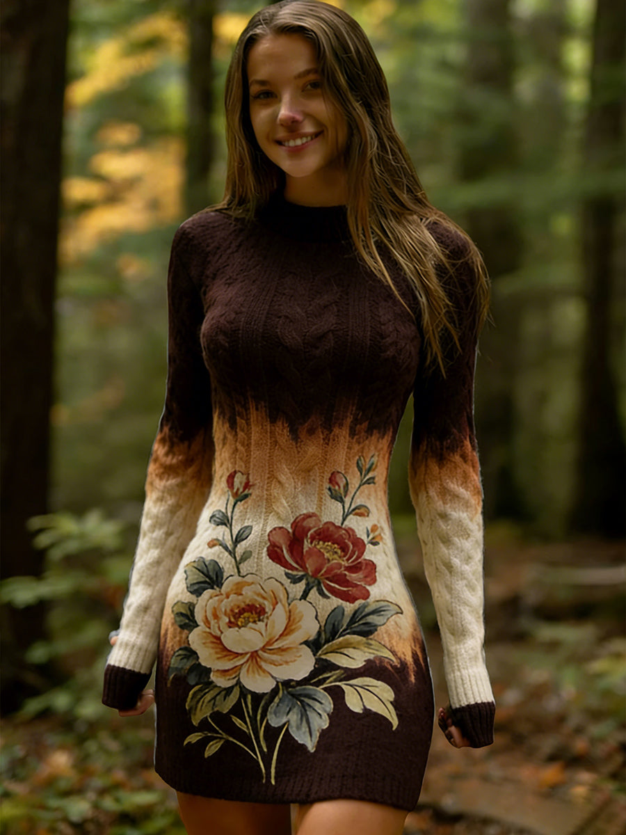 Női vintage etnikai stílusú virágos nyomtatás kényelmes és elegáns ruha