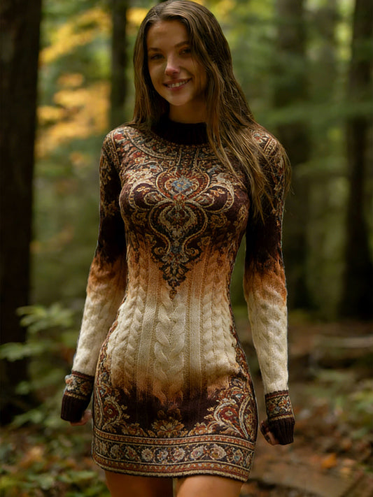 Női vintage etnikai stílusú virágos nyomtatás kényelmes és elegáns ruha