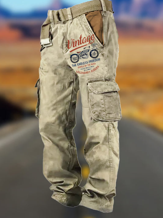 Férfi retro art print multi-zseb többfunkciós rakománynadrág