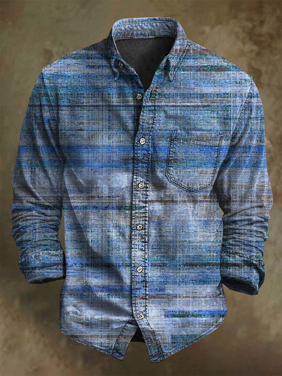 Vintage idős csík nyomtatás alkalmi hosszú ujjú ing