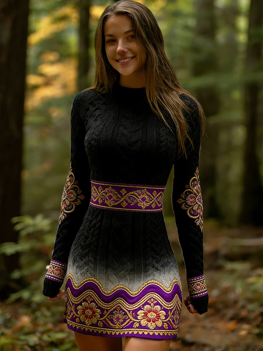 Női vintage etnikai stílus virágos nyomtatás kötött kényelmes és elegáns ruha