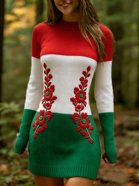 Női vintage etnikai stílus virágos nyomtatás kötött kényelmes és elegáns ruha