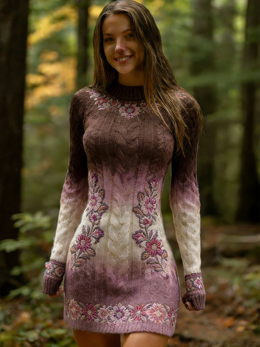 Női vintage etnikai stílus virágos nyomtatás kötött kényelmes és elegáns ruha