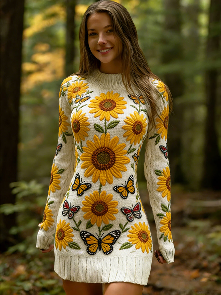 Női vintage etnikai stílus virágos nyomtatás kötött kényelmes és elegáns ruha