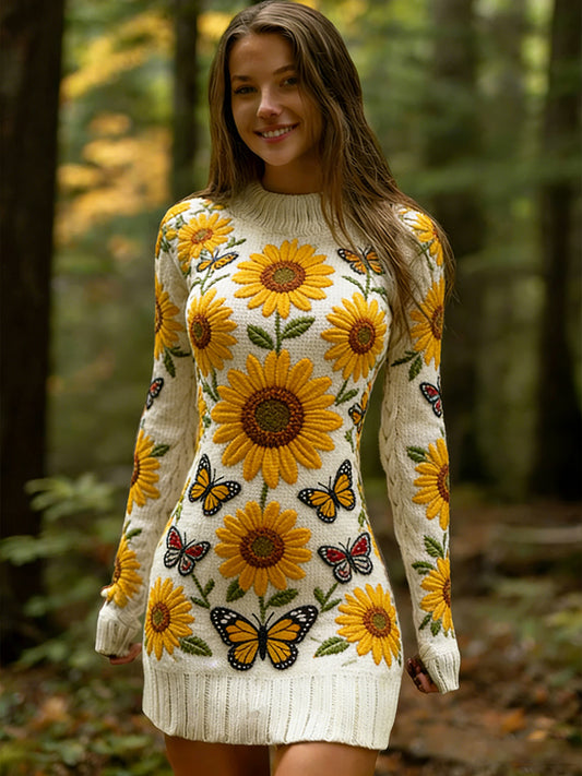 Női vintage etnikai stílus virágos nyomtatás kötött kényelmes és elegáns ruha