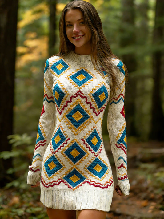 Női vintage etnikai stílus virágos nyomtatás kötött kényelmes és elegáns ruha