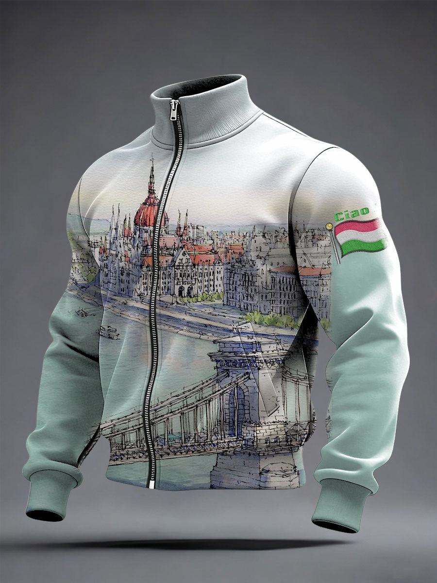 Férfi művészi budapest skyline akvarell kabát