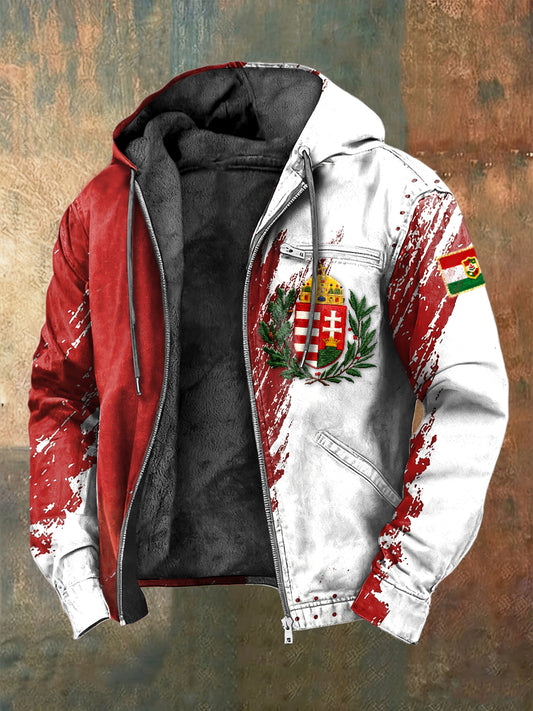 Férfi magyarország zászló nyomtatás gyapjú-bélelt csuklyás kabát