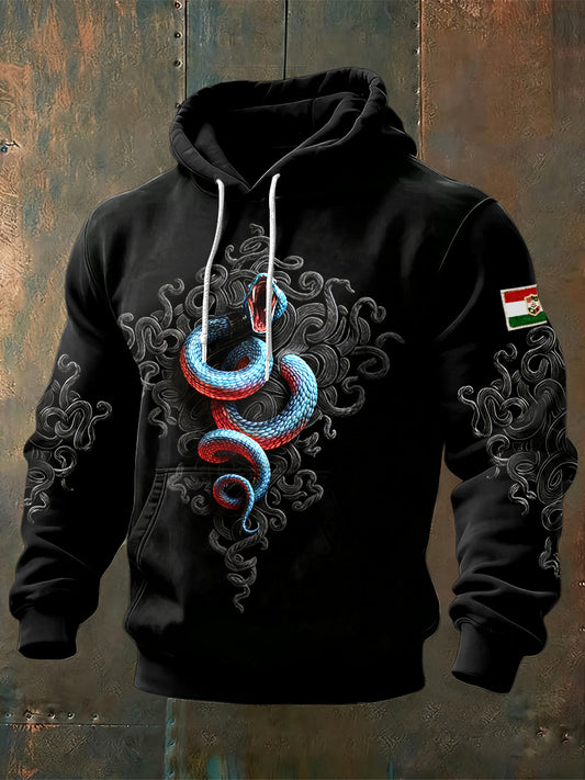 Férfi kígyó totem nyomtatás magyar fekete csuklyás pulóver