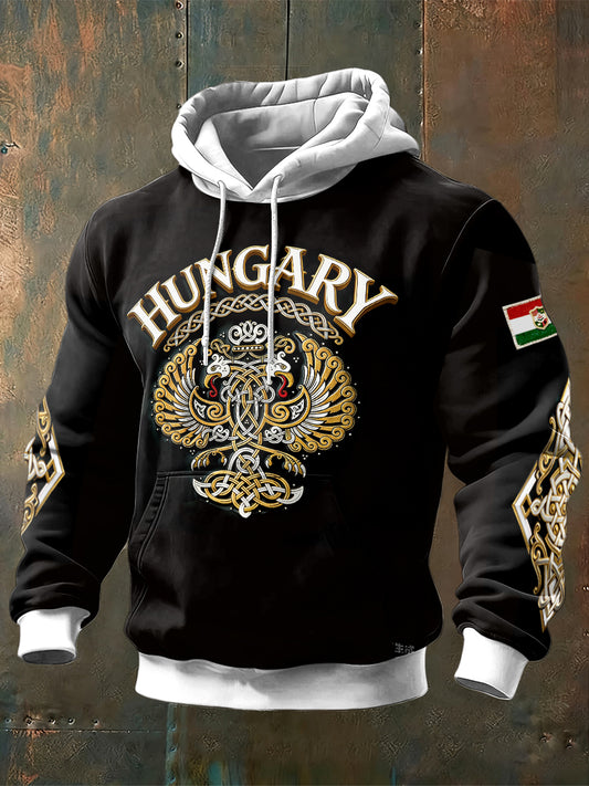 Férfi magyar tervezésű nyomtatott fekete csuklyás pulóver