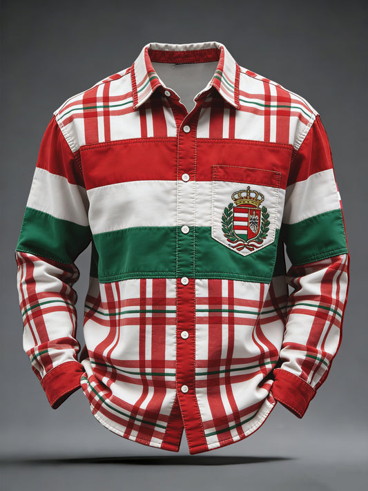Retro magyar zászló embléma plaid alkalmi ing