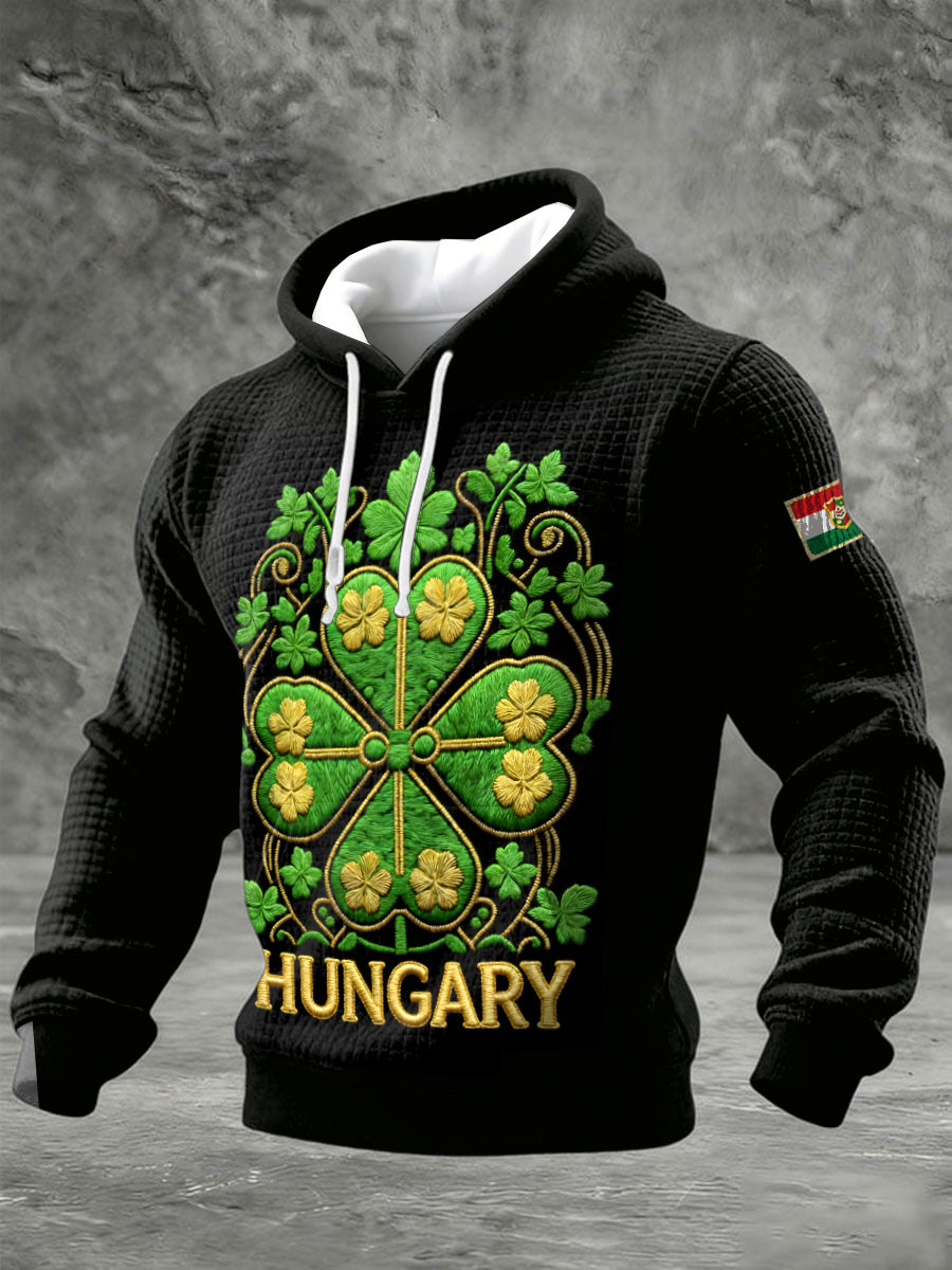 Férfi szerencsés lóhere hímzett nyomtatás hungarian check pamut pulóver