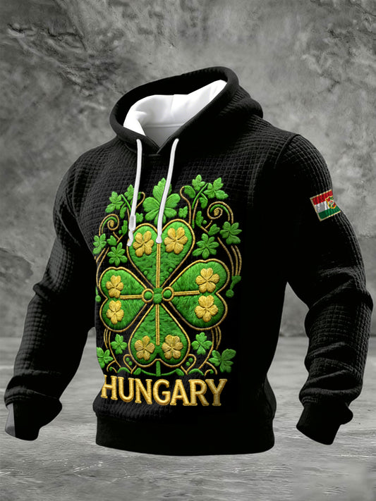 Férfi szerencsés lóhere hímzett nyomtatás hungarian check pamut pulóver