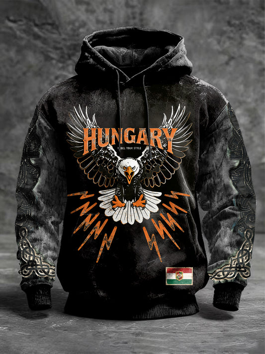 Férfi magyar sas design nyomtatott patchwork csuklyás pulóver