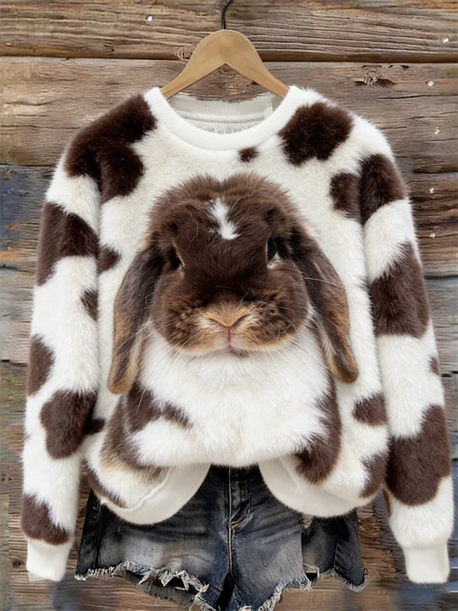 Női aranyos nyuszi művészet kerek nyak hangulatos flanel pulóver