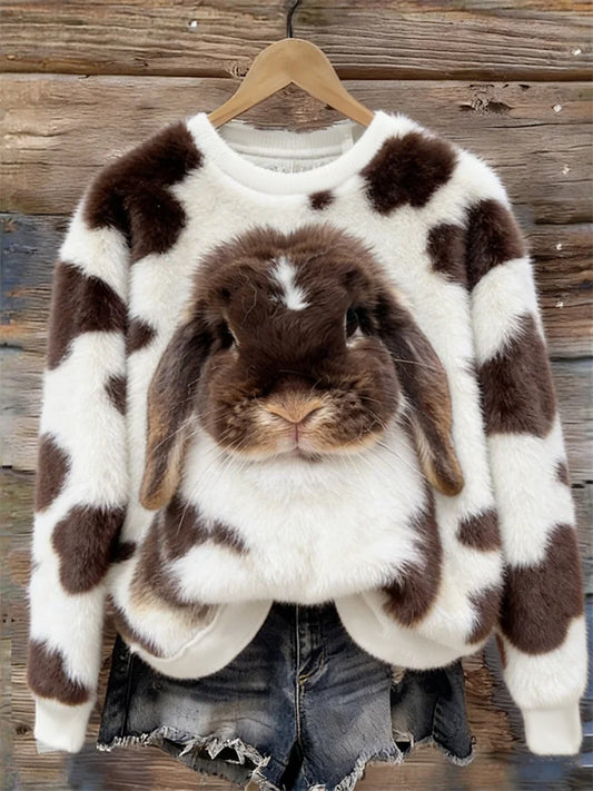 Női aranyos nyuszi művészet kerek nyak hangulatos flanel pulóver