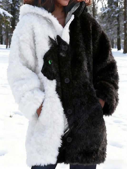 Női állat macska nyomtatás flanel meleg kabát