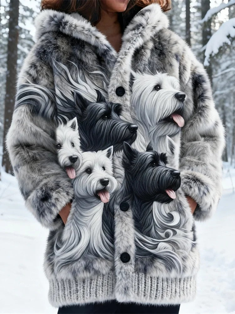 Női állat kutya nyomtatás flannel meleg kabát