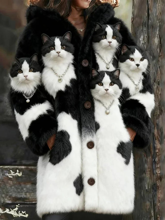 Női állat macska nyomtatás flanel meleg kabát