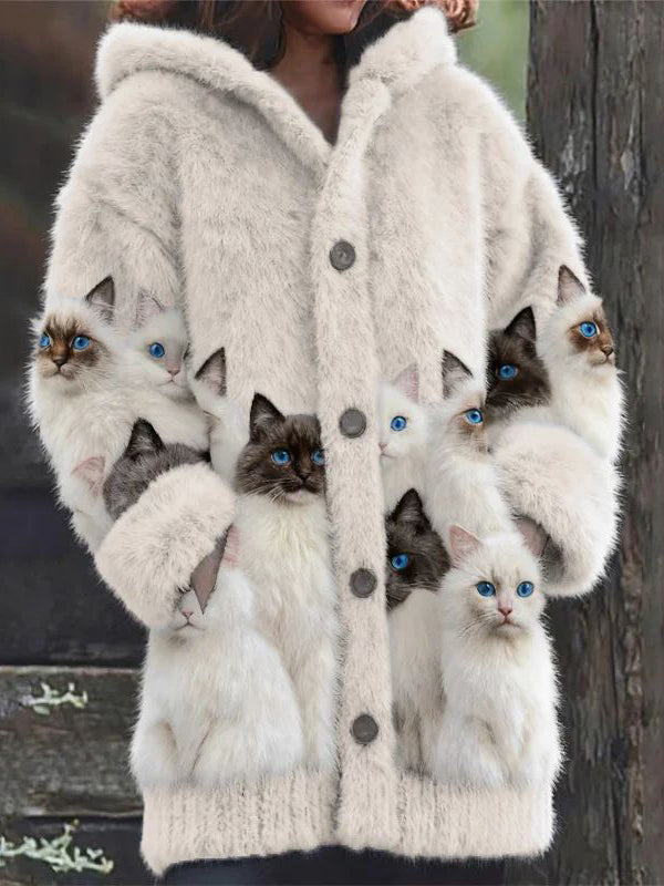 Női állat macska nyomtatás flanel meleg kabát