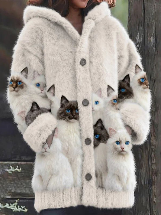 Női állat macska nyomtatás flanel meleg kabát