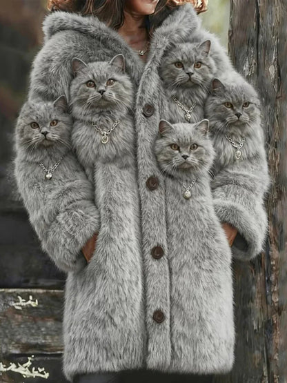 Női állat macska nyomtatás flanel meleg kabát