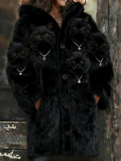 Női állat macska nyomtatás flanel meleg kabát