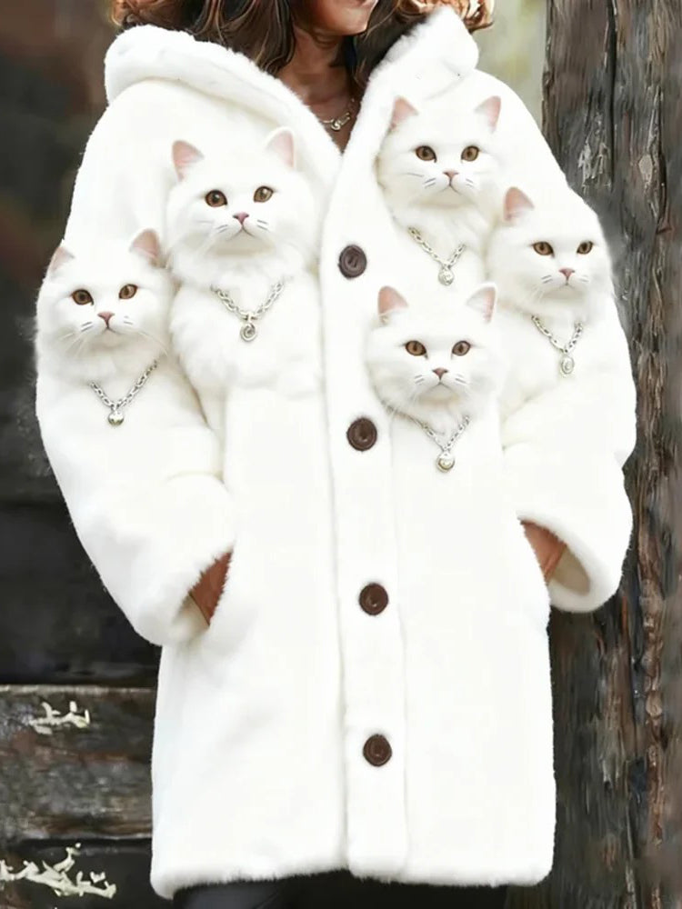 Női állat macska nyomtatás flanel meleg kabát