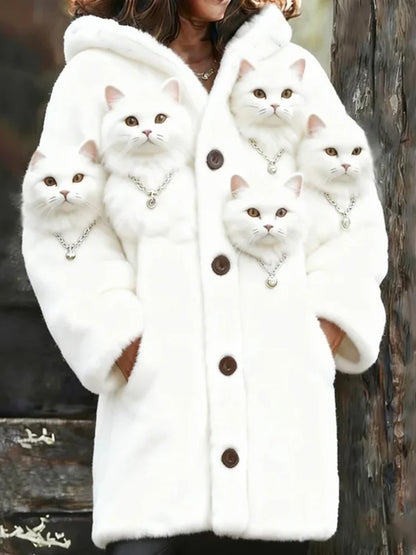 Női állat macska nyomtatás flanel meleg kabát