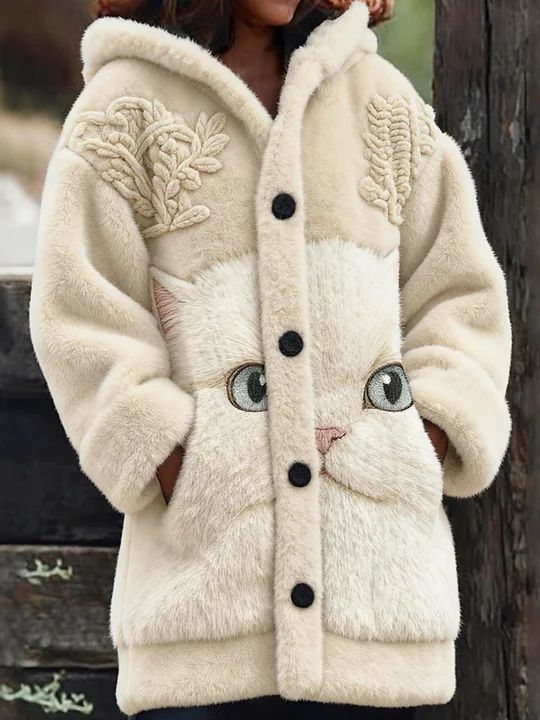 Női állat macska nyomtatás flanel meleg kabát