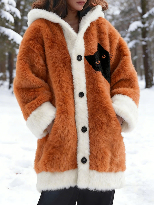 Női állat macska nyomtatás flanel meleg kabát