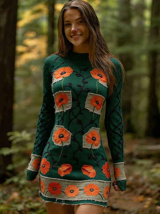 Női vintage etnikai stílus virágos nyomtatás kötött kényelmes és elegáns ruha