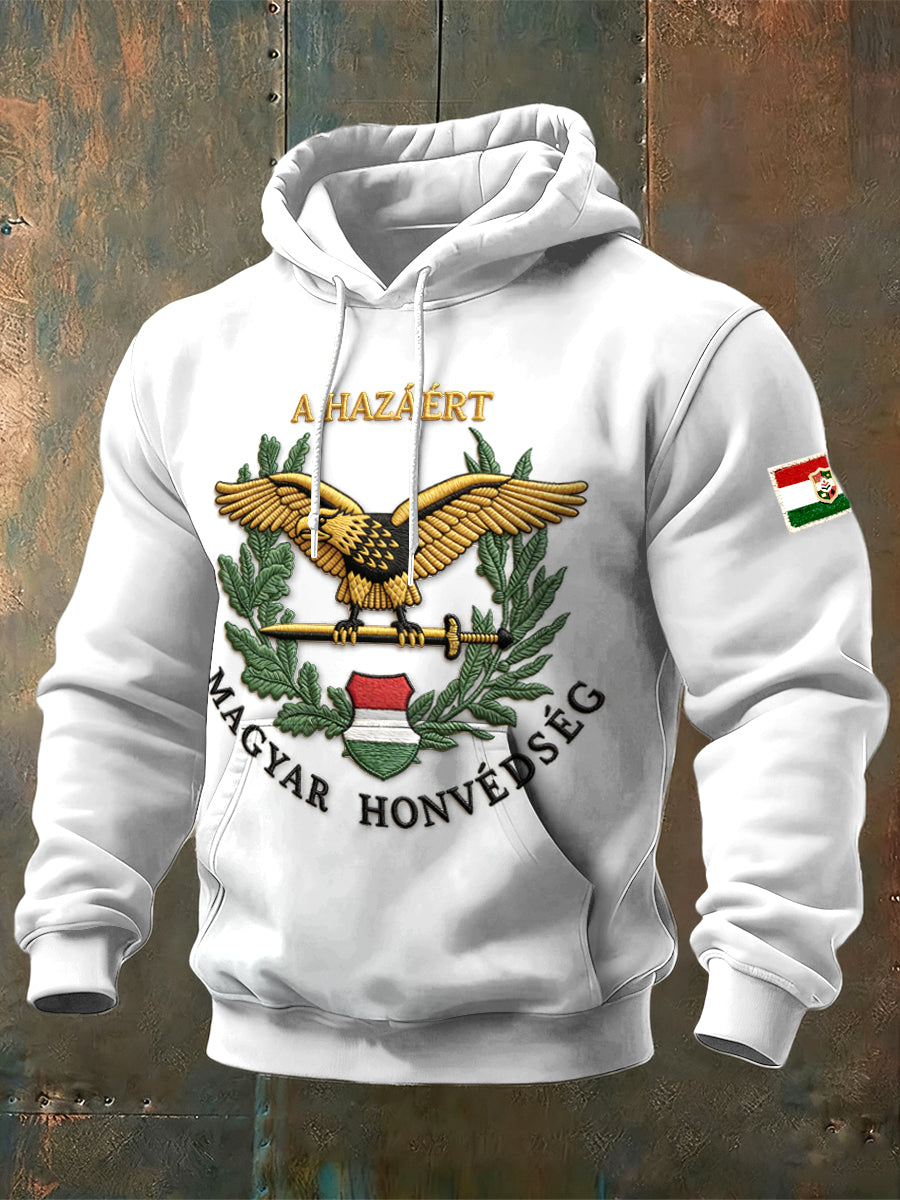 Férfi magyar sas print design fehér csuklyás pulóver