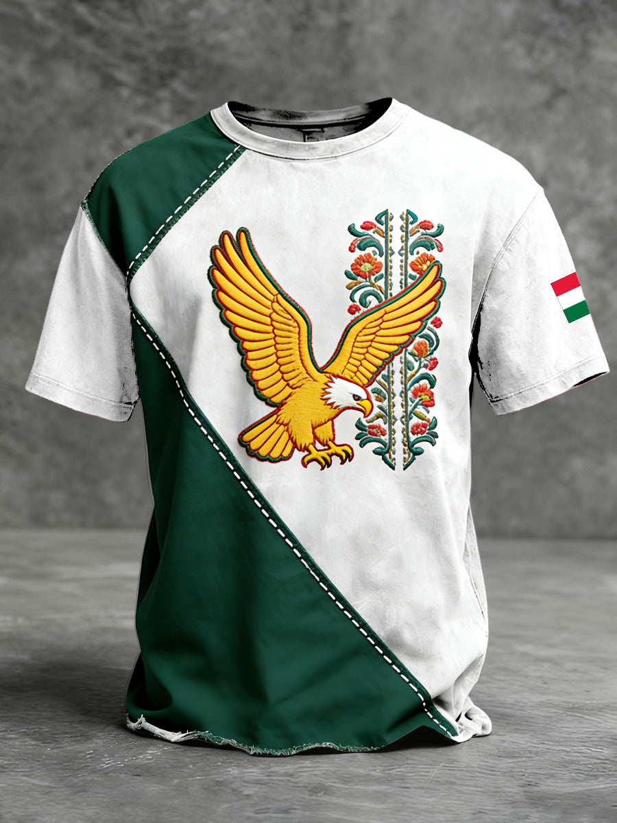 Férfi merész kétszínű magyarország sas és virágos hímzés póló
