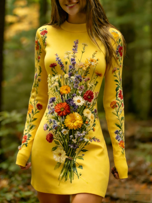 Női vintage etnikai stílus virágos nyomtatás kötött kényelmes és elegáns ruha