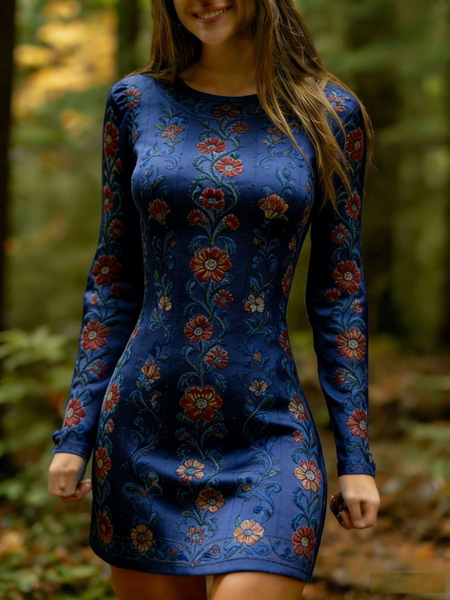 Női vintage etnikai stílus virágos nyomtatás kötött kényelmes és elegáns ruha