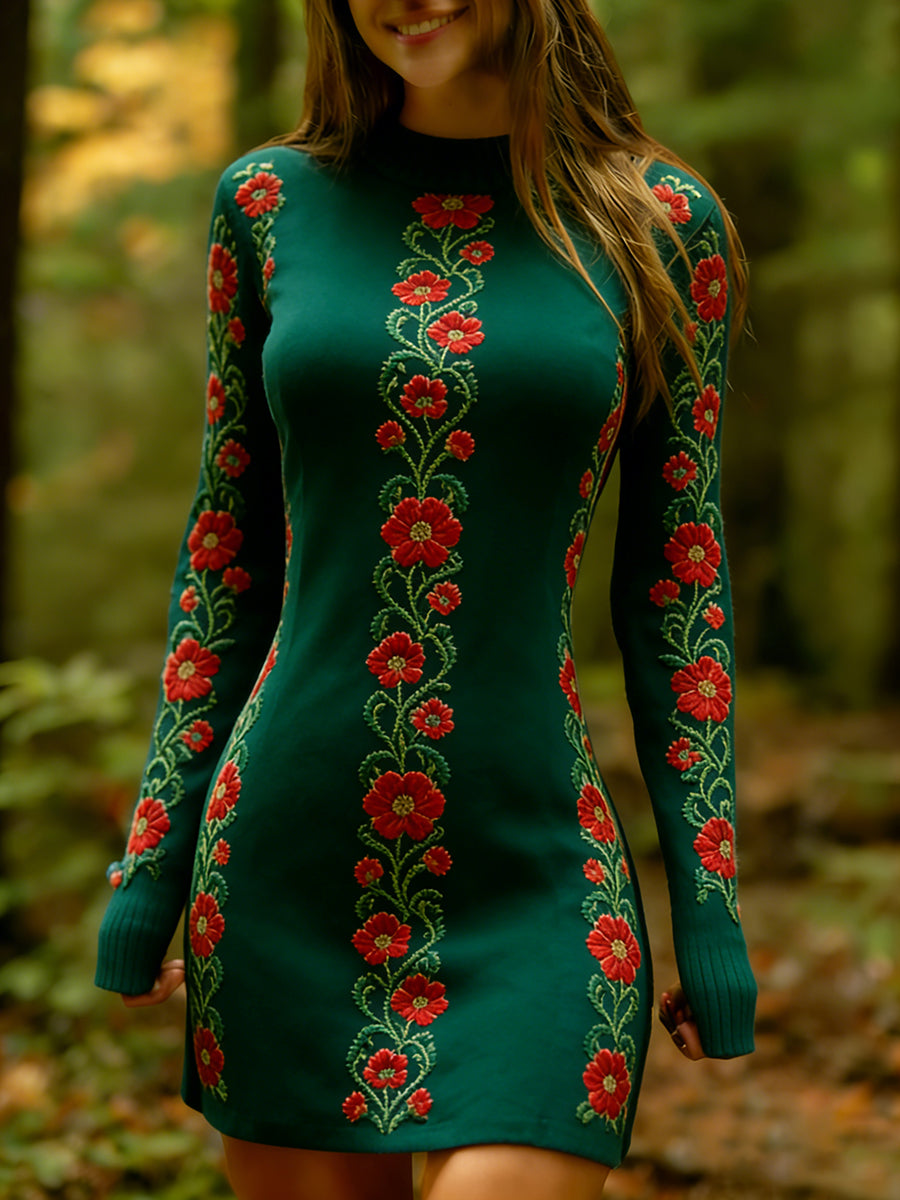 Női vintage etnikai stílus virágos nyomtatás kötött kényelmes és elegáns ruha