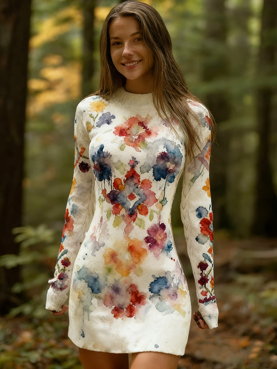 Női vintage etnikai stílus virágos nyomtatás kötött kényelmes és elegáns ruha