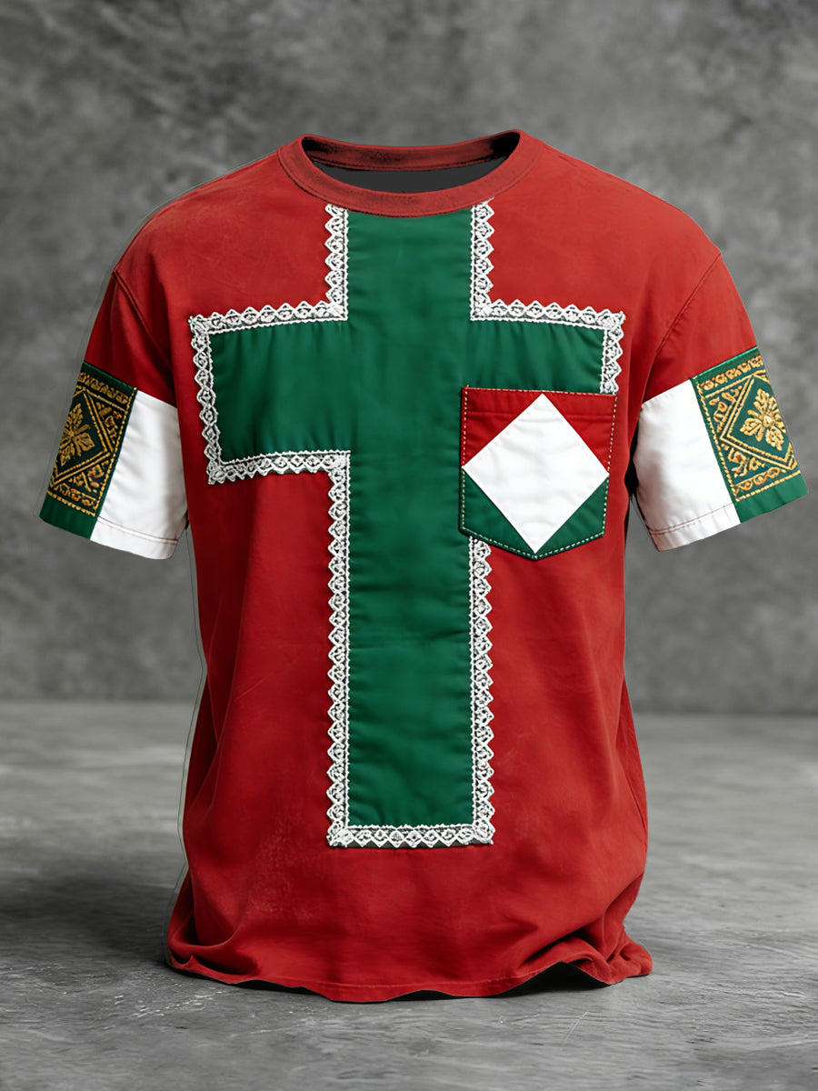 Férfi díszes piros-zöld magyarország kereszt mintás póló