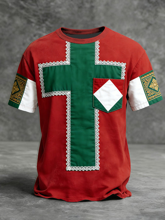 Férfi díszes piros-zöld magyarország kereszt mintás póló