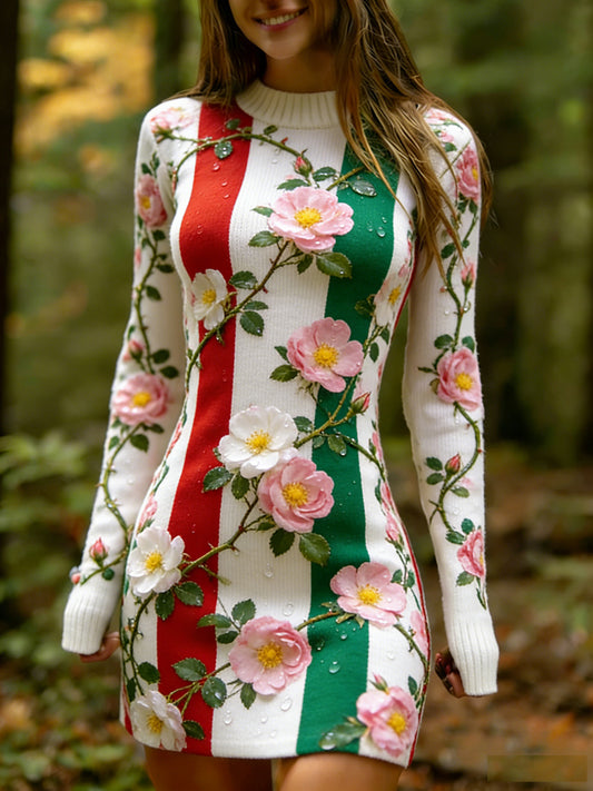 Női vintage etnikai stílus virágos nyomtatás kötött kényelmes és elegáns ruha