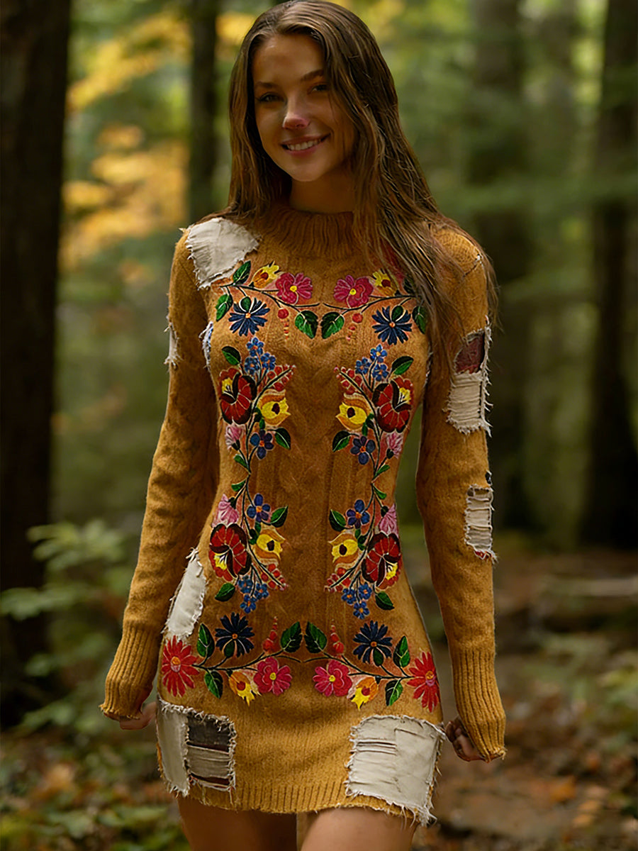 Női vintage etnikai stílus virágos nyomtatás kötött kényelmes és elegáns ruha