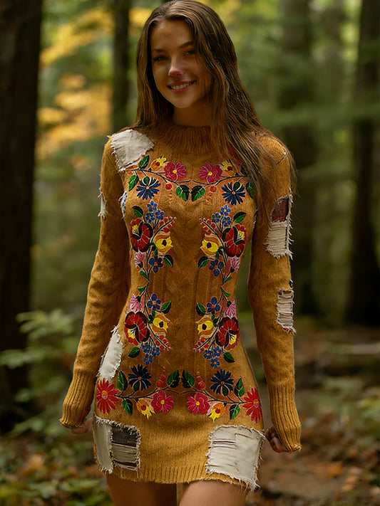 Női vintage etnikai stílus virágos nyomtatás kötött kényelmes és elegáns ruha