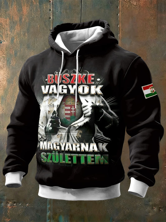 Férfi design nyomtatott magyar fekete csuklyás pulóver